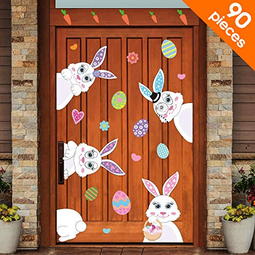 Blulu 90 Pieces Easter Decorations Easter Eggs Bunny Stickers Easter Window Clings Bunny Decals Easter Wall Door Floor Window Decor Home Party Ornaments