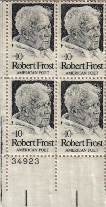 ROBERT FROST ~ POET ~ PULITZER PRIZE 1526 Plate Block of 4 x 10¢ US Postage Stamps ROBERT FROST ~ POET ~ PULITZER PRIZE 1526 Plate Block of 4 x 10¢ US Postage Stamps