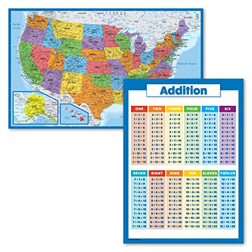 2 Pack - USA Map Poster -Blue Ocean-  and  Addition Math Chart -Laminated- 18inch X 24inch-