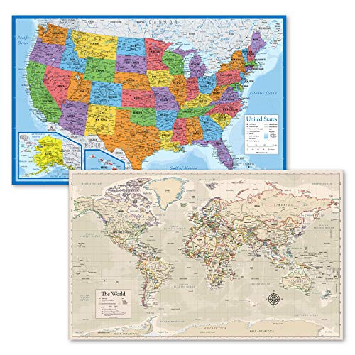 2 Pack - USA Map Poster -Blue Ocean-  and  Antique Style World Map Chart -Laminated- 18inch x 29inch-