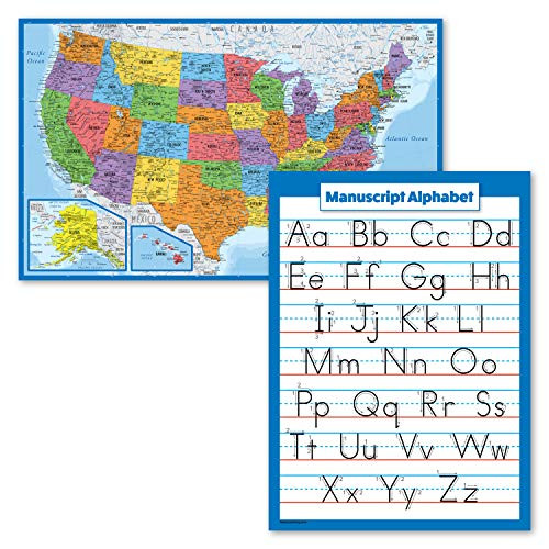2 Pack - USA Map Poster -Blue Ocean-  and  Manuscript Handwriting ABC Alphabet Chart -Laminated- 18inch x 24inch-