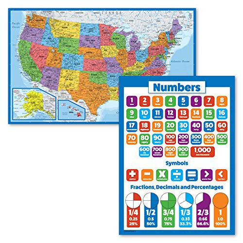 2 Pack - USA Map Poster -Blue Ocean-  and  Math Basics Chart -Laminated- 18inch x 24inch-