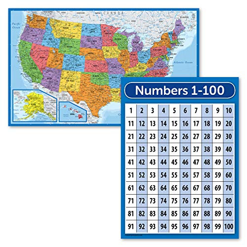 2 Pack - USA Map Poster -Blue Ocean-  and  Numbers 1-100 Math Chart -Laminated- 18inch x 24inch-