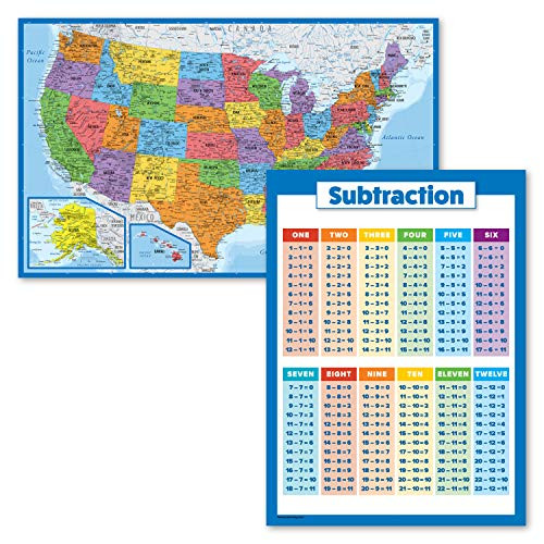 2 Pack - USA Map Poster -Blue Ocean-  and  Subtraction Math Chart -Laminated- 18inch x 24inch-
