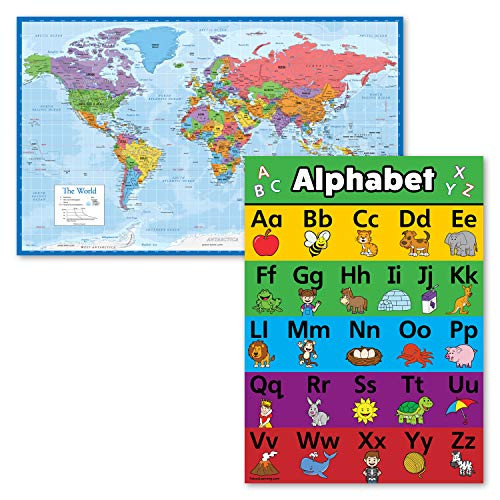 2 Pack - World Map Poster -Blue Ocean-  and  ABC Alphabet Chart for Kids -Laminated- 18inch x 24inch-