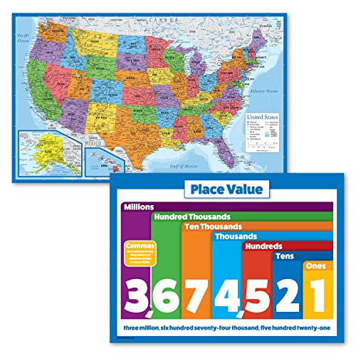 2 Pack - World Map Poster -Blue Ocean-  and  Understanding Place Value Math Chart -Laminated- 18inch x 24inch-