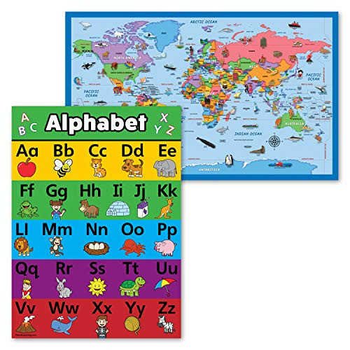 2 Pack - World Map Poster for Kids -Illustrated- Plus ABC Alphabet Chart -Animal- -Laminated- 18inch x 29inch-