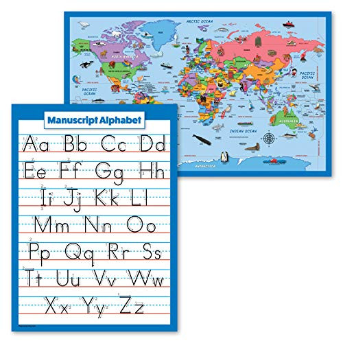2 Pack - World Map Poster for Kids -Illustrated- Plus Manuscript ABC Alphabet Chart -Laminated- 18inch x 29inch-