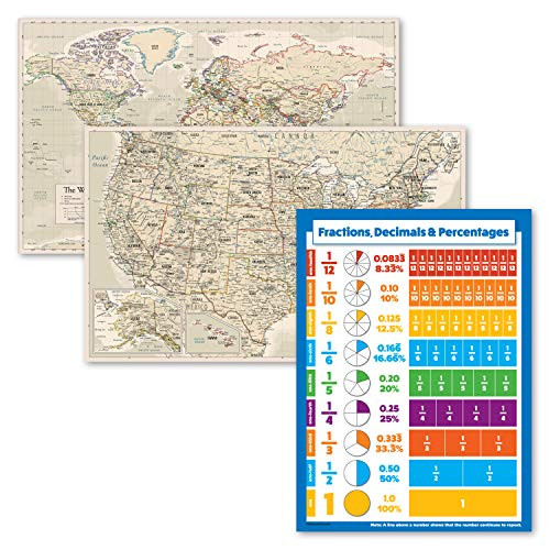 3 Pack - Antique Style World  and  USA Map Poster Set Plus Fractions- Decimals-  and  Percentages Math Chart -Laminated- 18inch x 29inch-