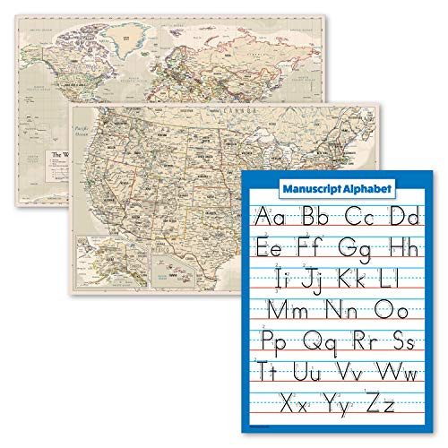 3 Pack - Antique Style World  and  USA Map Poster Set Plus Manuscript Handwriting ABC Alphabet Chart -Laminated- 18inch x 29inch-
