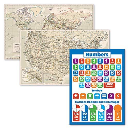 3 Pack - Antique Style World  and  USA Map Poster Set Plus Math Basics Chart for Kids -Laminated- 18inch x 29inch-