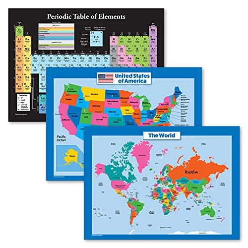 3 Pack - Periodic Table of the Elements Poster -Black- Plus World  and  USA Map Chart for Kids -18x24- -LAMINATED- 18inch x 24inch-