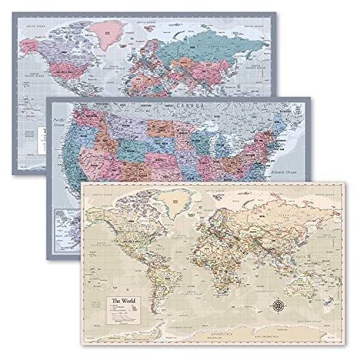 3 Pack - World  and  USA Map Chart -Purple- Plus Antique Style World Map -Laminated- 18inch x 29inch-