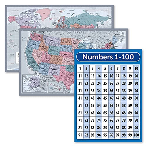 3 Pack - World  and  USA Map Chart -Purple- Plus Numbers 1-100 Poster for Kids -Laminated- 18inch x 29inch-