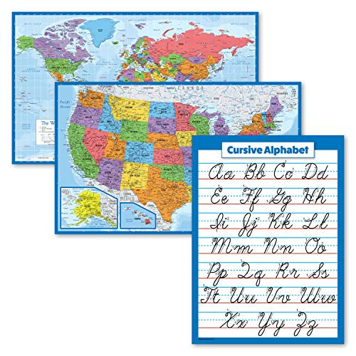 3 Pack - World  and  USA Map Poster Set -Blue Ocean- Plus Cursive Handwriting ABC Alphabet Chart -Laminated- 18inch x 29inch-