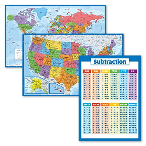 3 Pack - World  and  USA Map Poster Set -Blue Ocean- Plus Subtraction Math Chart -Laminated- 18inch x 29inch-