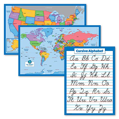 3 Pack - World Map  and  USA Map for Kids Plus ABC Alphabet Cursive Chart - 3 Poster Set -Laminated- 18inch x 29inch-