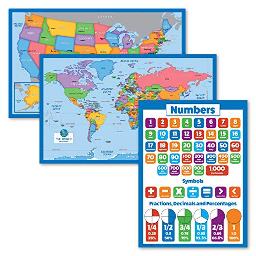 3 Pack - World Map  and  USA Map for Kids Plus Math Basics Chart - 3 Poster Set -Laminated- 18inch x 29inch-