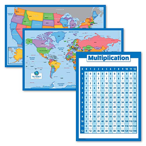 3 Pack - World Map  and  USA Map for Kids Plus Multiplication Table Chart -New Grid- - 3 Poster Set -Laminated- 18inch x 29inch-