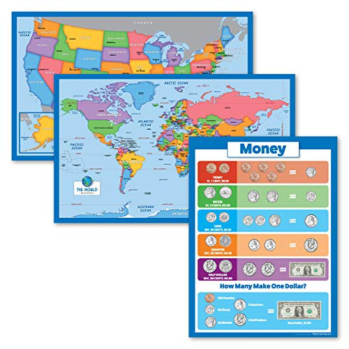 3 Pack - World Map  and  USA Map for Kids Plus USA Money Chart - 3 Poster Set -Laminated- 18inch x 29inch-