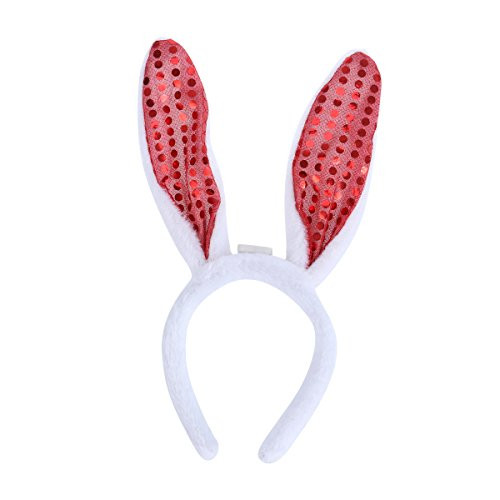 OULII LED Light Up Bunny Ears Headband Easter Glitter Sequin Rabbit Ears White Red