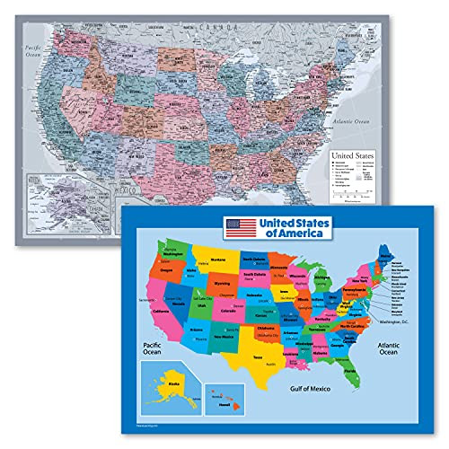 2PK - USA Map Poster -Purple-  and  USA Map for Kids Chart -18x24- -Laminated- 18inch x 29inch-