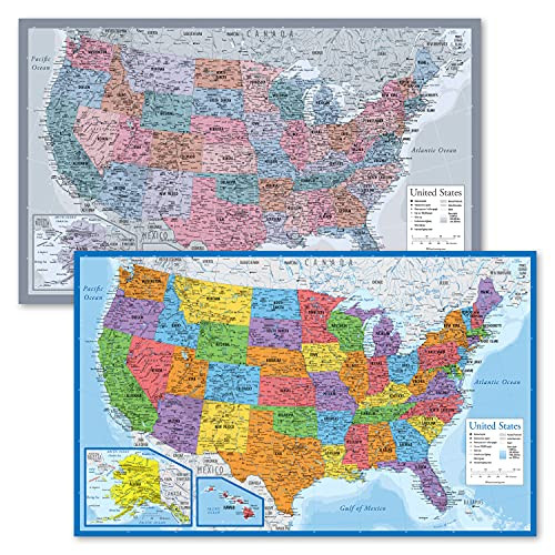 2PK - USA Map Poster -Purple-  and  USA Map Chart -Long Blue- -Laminated- 18inch x 29inch-