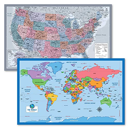 2PK - USA Map Poster -Purple-  and  Simplified World Map Chart for Kids -Laminated- 18inch x 29inch-