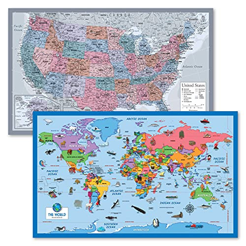 2PK - USA Map Poster -Purple-  and  Illustrated World Map Chart for Kids -Laminated- 18inch x 29inch-