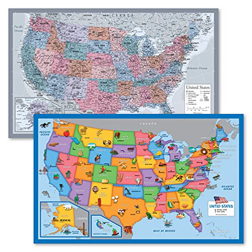 2PK - USA Map Poster -Purple-  and  Illustrated USA Map Chart for Kids -Laminated- 18inch x 29inch-