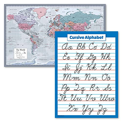 World Map -Purple-  and  Cursive Handwriting ABC Alphabet Chart for Kids - Set of 2 Posters -Laminated- 18inch x 29inch-