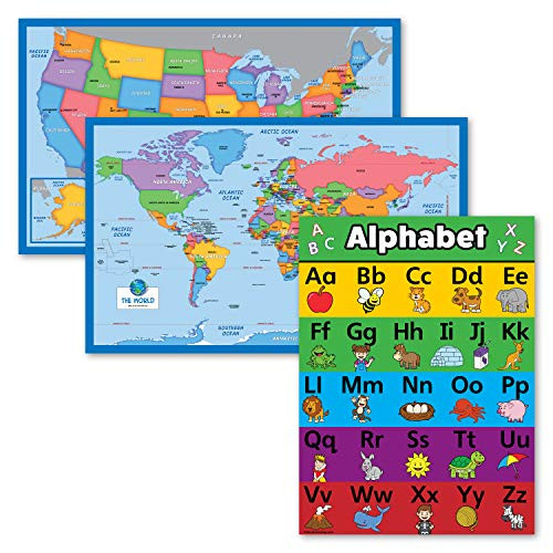 3 Pack - World Map  and  USA Map for Kids Plus ABC Alphabet Chart -Animal- - 3 Poster Set -Laminated- 18inch x 29inch-
