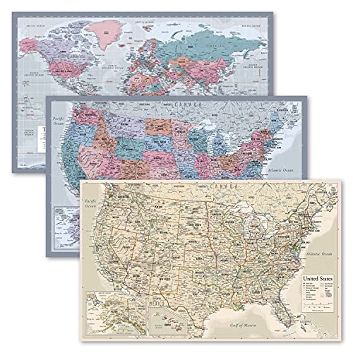 3 Pack - World  and  USA Map Chart -Purple- Plus Antique Style USA Map -Laminated- 18inch x 29inch-