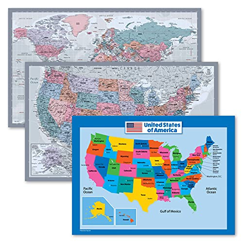 3 Pack - World  and  USA Map Chart -Purple- Plus USA Map for Kids -18x24- -Laminated- 18inch x 29inch-