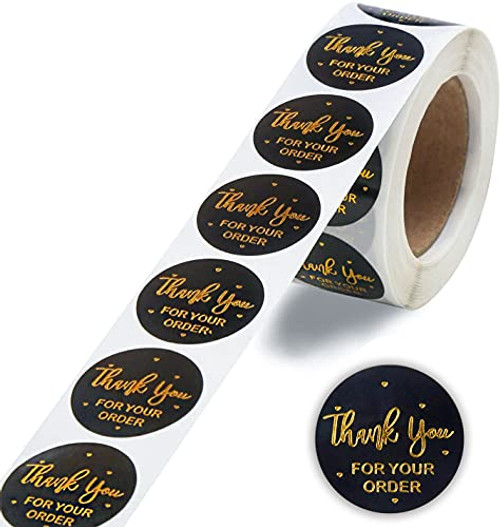 DERAYEE 500PCS Thank You Stickers Rolls- 1 inch Thank You Sticker Labels Self Adhesive Round Stickers for Business Packaging and Envelope Sealing- Black Gold