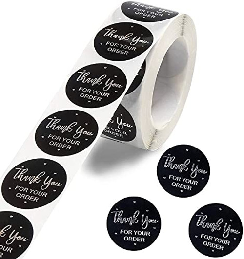 DERAYEE 500PCS Thank You Stickers Rolls- 1 inch Thank You Sticker Labels Self Adhesive Round Stickers for Business Packaging and Envelope Sealing- Black Sliver