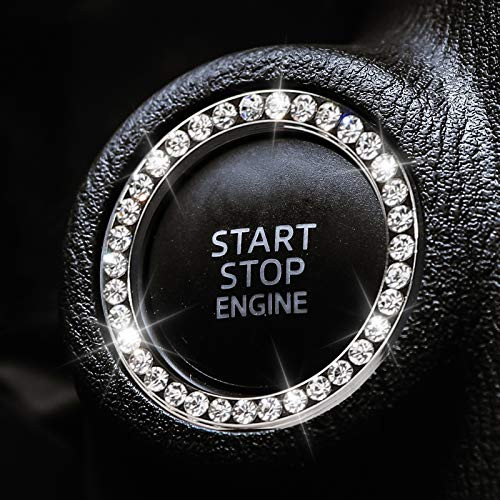 2 PCS Bling Car Crystal Rhinestone Ring Car Decor Accessories for Auto Start Engine Ignition Button Key Ignition Starter or Knob Ring- Bling Car Accessories Ring Emblem Sticker for Women -White-