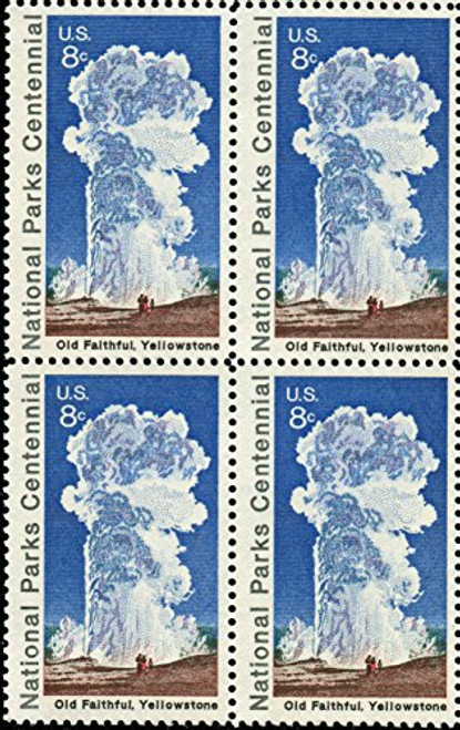 US Postage Stamps- 1972- National Parks Centennial- Old Faithful/Yellowstone- S 1453- Plate Block of 4 8 Cent Stamps US Postage Stamps- 1972- National Parks Centennial- Old Faithful/Yellowstone- S 1453- Plate Block of 4 8 Cent Stamps