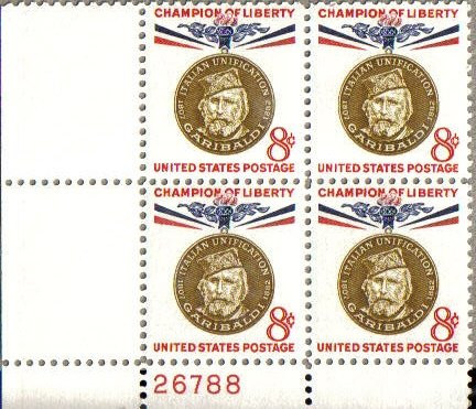 1960 GIUSEPPE GARIBALDI ~ CHAMPION OF LIBERTY 1169 Plate Block of 4 x 8 cents US Postage Stamps