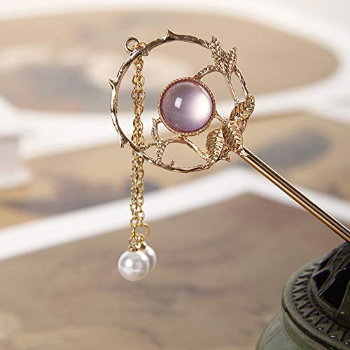 WUSIO Ornaments Bridal Ancient Style Vintage Chinese Crystal Hair Fork Hair Accessories Tassel Hairpin Pearl Hair Sticks-Purple-