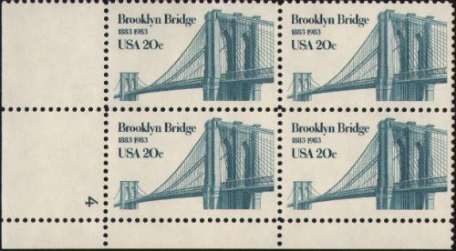 1983 BROOKLYN BRIDGE 2041 Plate Block of 4 x 20 cents US Postage Stamps by USPS