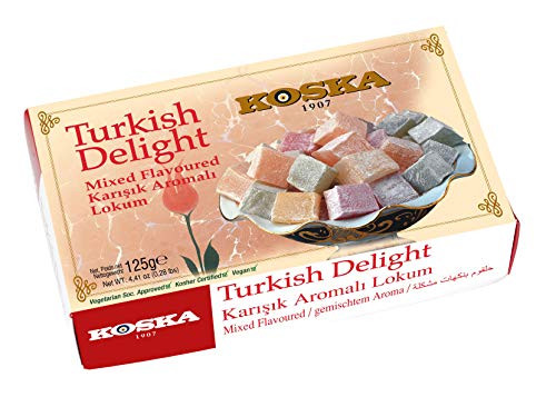 Turkish Delight with Mix Flavors by Koska | Rose- Lemon- Orange- Mint | 4.4 oz Giftable Small Size Snacks | Vegan Halal Kosher Candy Dessert Lokum