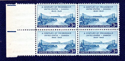 Postage Stamps United States. Block of Four 3 Cents Blue- Niagara Railway Suspension Bridge Stamps- Dated 1948- Scott 961.