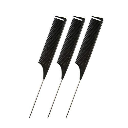 Rat Tail Combs Hair Comb?3Pcs Teasing Comb for Women-Steel Pin Rat Tail Carbon Fiber Heat Resistant Teasing Combs with Stainless Steel Pintail ?Salon Styling Combs -Black-