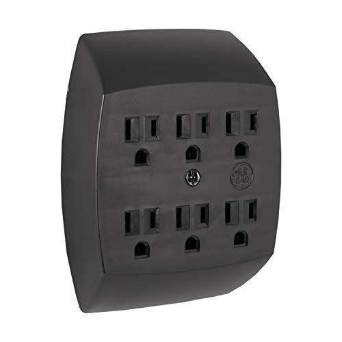 GE 6-Outlet Wall Tap- Grounded Adapter- Charging Station- 3-Prong- Secure Install- UL Listed- Black- 54840- 1 Pack