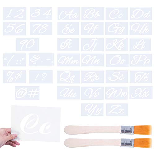 Elcoho 36 Pieces Letter Stencils Alphabet Stencil Alphabet Templates Reusable Plastic Art Craft Stencils with Calligraphy Font Upper Lowercase Letters and Art Brush for Painting on Wood (36)