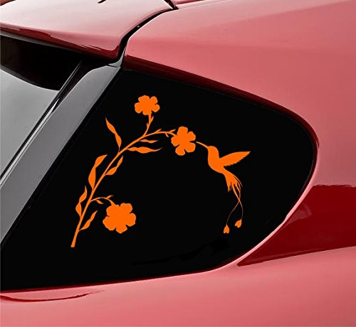 Slap-Art Hummingbird and Flower Silhouette Vinyl Decal Sticker -Orange-