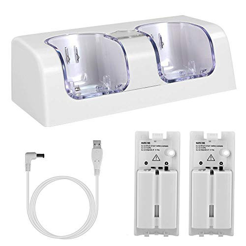 Wii Charging Station for Remote Controller, Dual Charger Dock with 2 Rechargeable Batteries LED Indicator USB Charging Cord -White