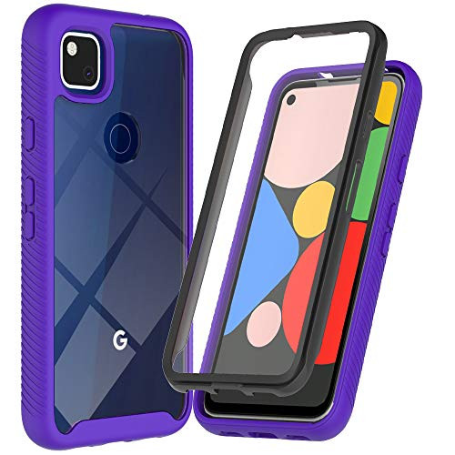 ONOLA Pixel 4A Case Built-in Screen Protector-Three Defense Crystal Clear Full Body Fit Cover for Google Pixel 4A Phone -Purple-
