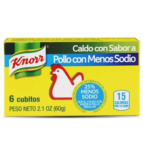 Knorr Chicken Bouillon Reduced Sodium- 2.1 Ounce - Pack of 1 -6 Cubes- Caldo Con Sabor a Gallina Knorr Chicken Bouillon Reduced Sodium- 2.1 Ounce - Pack of 1 -6 Cubes- Caldo Con Sabor a Gallina